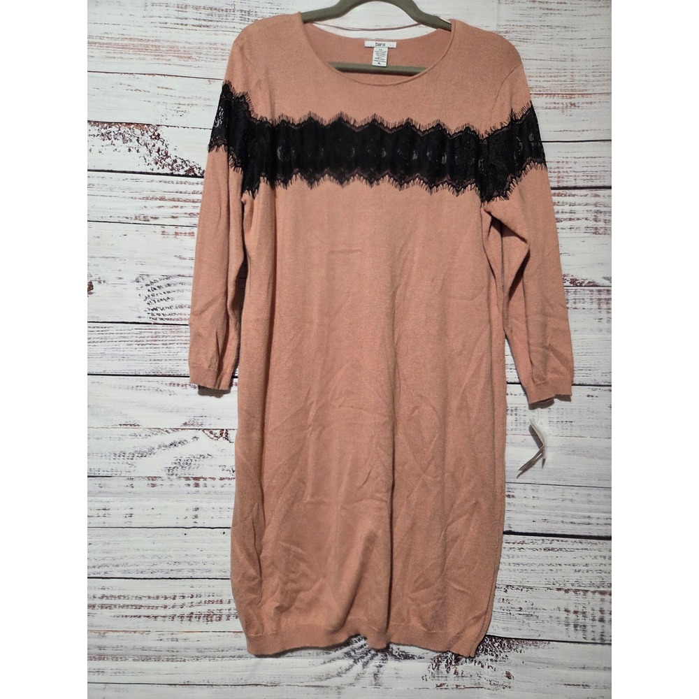 Bar III Womens Peach Pink Lace Inset Long Sleeve Knit Sweater Dress XL New